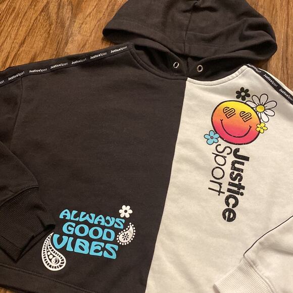 Justice Sport Girls Sweatshirt Colorblock Black daisy smile active - Picture 3 of 8